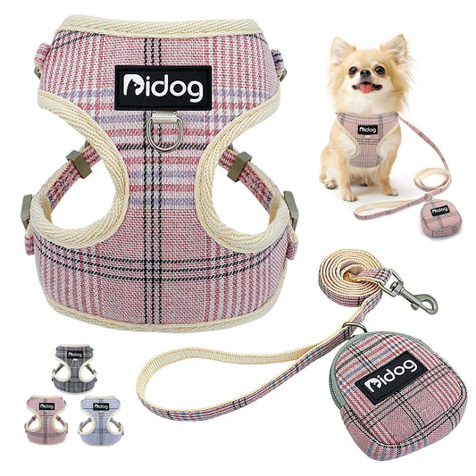 Plaid Mesh Dog Harness & Leash Set with Snack Bag for Small Pets