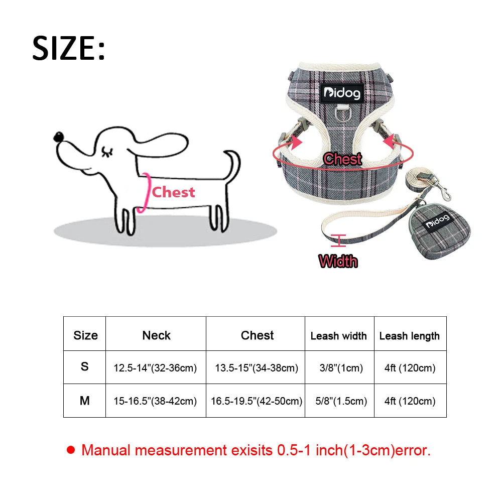 Plaid Mesh Dog Harness & Leash Set with Snack Bag for Small Pets