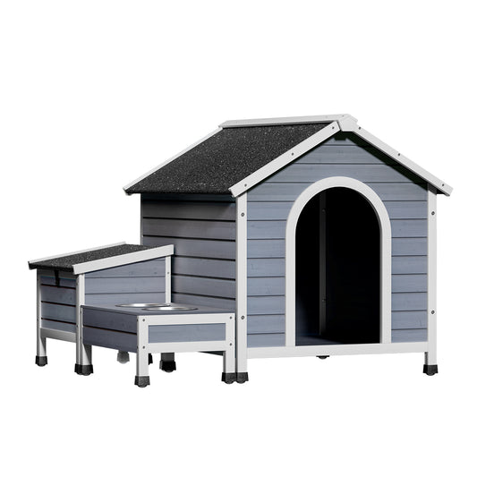 Grey Wooden Dog Kennel Cabin with Food Bowls