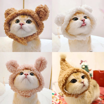 Cute Plush Bear Cat Cap - Warm Pet Headdress for Cosplay