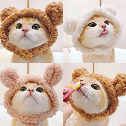 Cute Plush Bear Cat Cap - Warm Pet Headdress for Cosplay