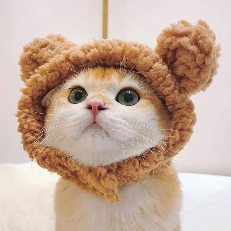 Cute Plush Bear Cat Cap - Warm Pet Headdress for Cosplay