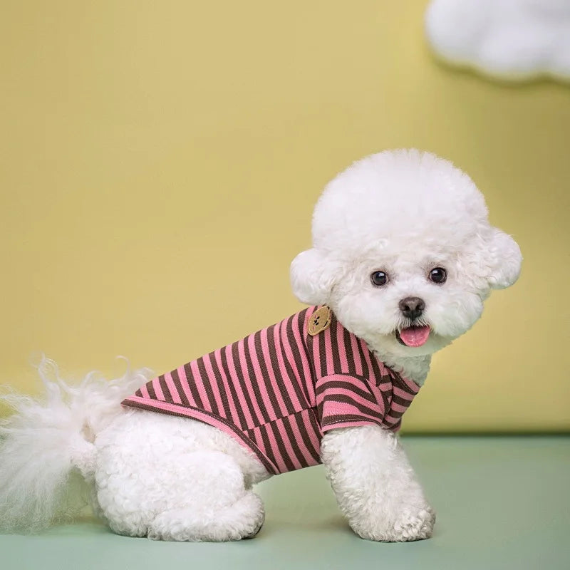 Summer Fashion Dog Shirt: Bear Print & Striped Vests for Small Pets