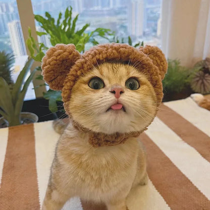 Cute Plush Bear Cat Cap - Warm Pet Headdress for Cosplay