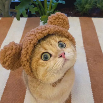 Cute Plush Bear Cat Cap - Warm Pet Headdress for Cosplay