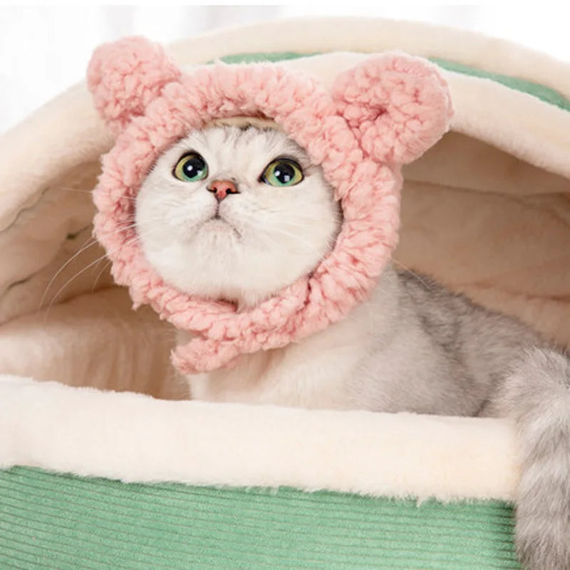 Cute Plush Bear Cat Cap - Warm Pet Headdress for Cosplay