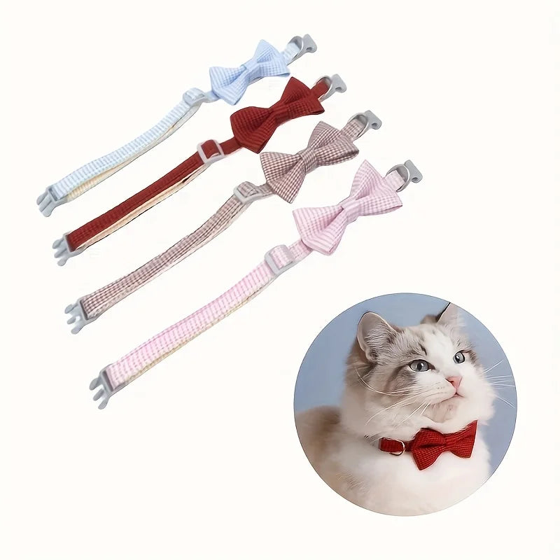 Adjustable Plaid Cat Collar with Knot