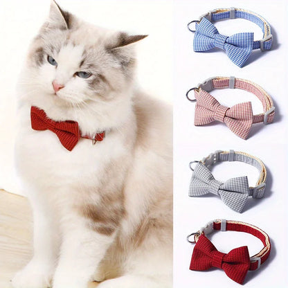 Adjustable Plaid Cat Collar with Knot