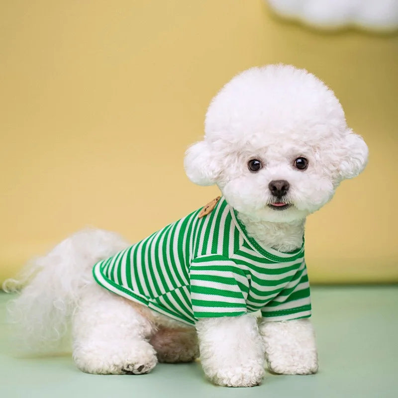 Summer Fashion Dog Shirt: Bear Print & Striped Vests for Small Pets